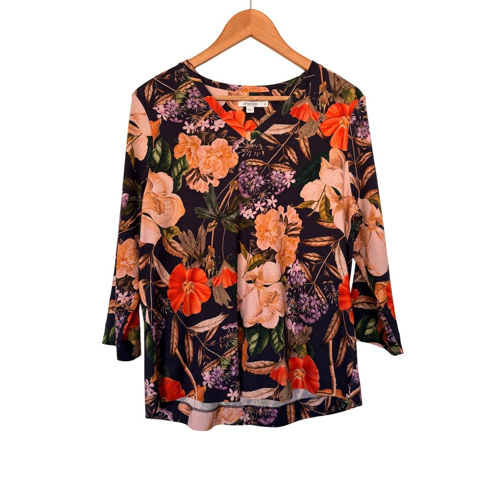Chicos Autumnal Grannycore Pima Cotton Floral V-Neck Top 3/4 Sleeve Size 2 L